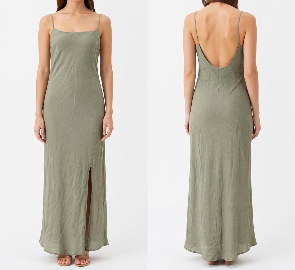 ASOS DESIGN Cotton Linen Sage Green Maxi Side Zip Slip Dress US 6 Fairy Cottage